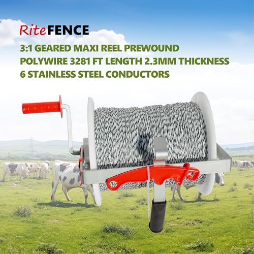 1 Pack 3:1 Geared Electric Fencing Maxi Reel with 3281ft Premium Polywire 6 Conductors Plus 1 Free 8 inch Insulgrip