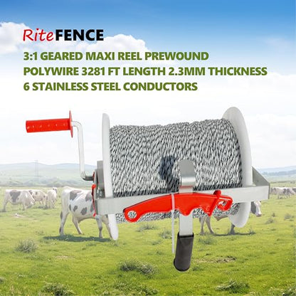 1 Pack 3:1 Geared Electric Fencing Maxi Reel with 3281ft Premium Polywire 6 Conductors Plus 1 Free 8 inch Insulgrip