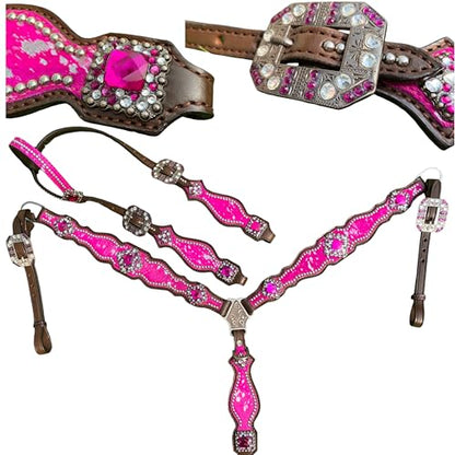 Western One Ear Leather Headstall and Breast Collar Tack Set with Rhinestones, Pink Silver Metallic Acid Wash Cowhide Look, Full Average Size Horse