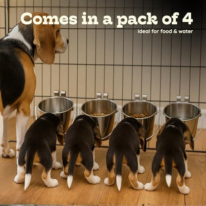 2 Quart Stainless Steel Flat Sided Bucket with Dual Hooks | 4 Pcs Durable Food & Water Bowl for Dog Cats Bird & Small Animals | Fits kennel Cage Crates Hanging Pet Pail | Multipurpose use - size: 2 Quart (Pack of 4)