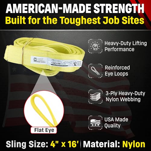 4" x 16' Nylon Lifting Web Sling – USA Made, 15,300 lb Vertical, 12,200 lb Choker, 30,600 lb Basket – 3 Ply Heavy Duty 900 Webbing, Type 3 Flat Eye & Eye Rigging Sling - size: 4"x16'