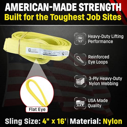 4" x 16' Nylon Lifting Web Sling – USA Made, 15,300 lb Vertical, 12,200 lb Choker, 30,600 lb Basket – 3 Ply Heavy Duty 900 Webbing, Type 3 Flat Eye & Eye Rigging Sling - size: 4"x16'