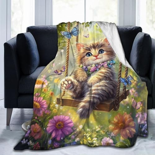Funny Cat Blanket Gifts for Girls Boys Butterfly Throw Blankets Cute Cat on a Swing Fleece Flannel Stuff Soft Lightweight Flowers Plush Blanket for Kids Teens Adults Bed Sofa Decor 60"x50" | Cute Cat on a Swing Stuff Fleece Flannel Throws Soft Lightweight