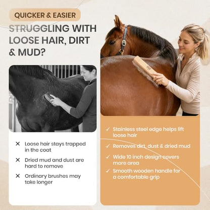 10 Inch Horse Grooming Shedding Tool with Wooden Handle, Stainless Steel Deshedding Comb for Horses, Dogs and Livestock, Pet Hair Removal Brush, Curry Comb, Coat Rake for Loose Hair, Dirt and Mud