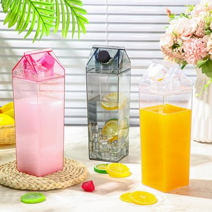 Remerry 3 Pcs Milk Carton Water Bottle Square Plastic Coffee Portable Reusable Milk Carton Cup Leakproof Juice Bottle - color: Pink Black Clear, size: 34 oz