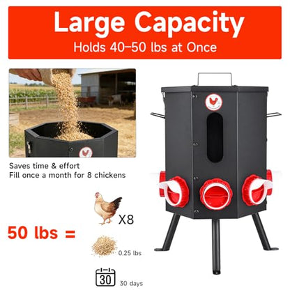Automatic Chicken Feeder 8 Feeding Ports, 50lbs No-Waste Gravity Poultry Feeder 8 Feeding Ports with Rainproof Lid, Rodent-Proof Large Capacity Metal Chicken Feeder for Hens, Ducks, Birds