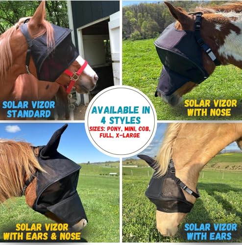 Solar Vizor Horse Fly Mask with Ear and Nose (Size X-Large), Innovative Design - 100% UV Eye Protection for Horses with Uveitis, Photosensitivity, Ulcer, Head Shaking, Protects from Flies, Insects - size: X-LARGE