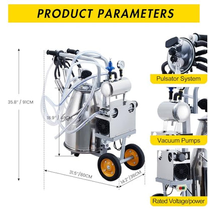 Electric Cow Milking Machine, 6.6 gal / 25 l Automatic Pulsation Vacuum Milker, Bucket Milker, Portable Milking Equipment with Stainless Steel Bucket and Food-Grade Silicone Cups and Tubes