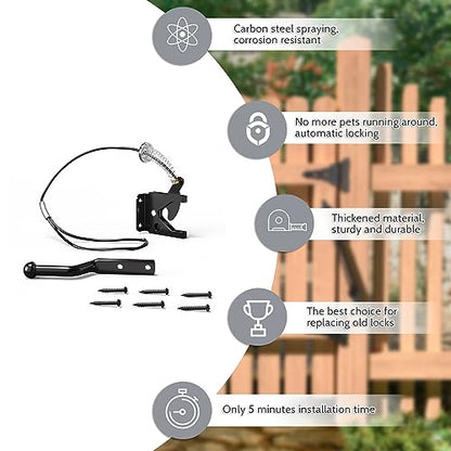Gate Latch with Spring Cable Pull for Fence Gate - Carbon Steel - Black,Self Locking Fence Gate Latch,Gate Latch for Wooden Fence,Fence Door Latch