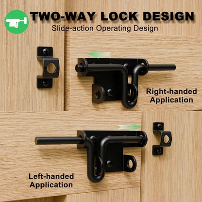Heavy Duty Slide Bolt Gate Latch for Wooden Fence, 2 Way Barn Door Latch with Padlock Hole, Offset and Flush Mounted Gate Latch for Outdoor Gates/Yard Fence/Shed Door, Black, 3 Pack