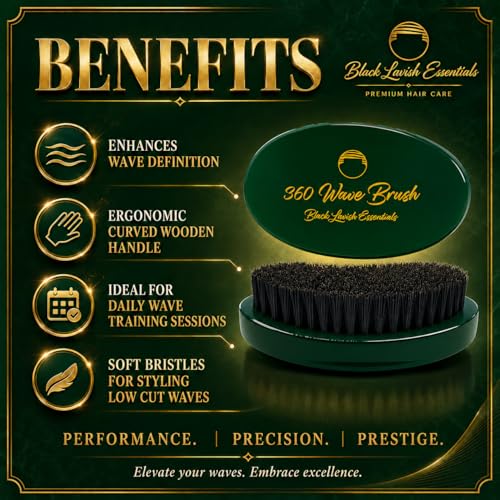 360 Wave Brush, Build Deeper Waves, Soft & Hard Boar Bristle Curved Brush, Black Lavish Essentials Signature (Medium-Hard, Emerald Green) - color: Emerald Green, size: Medium-Hard
