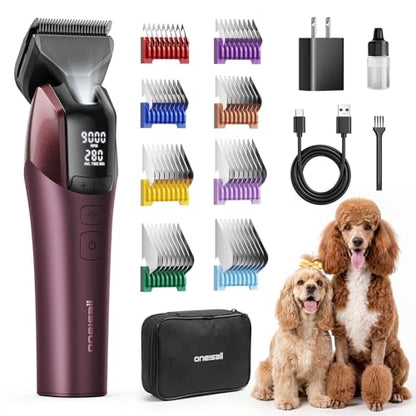 oneisall Professional Dog Clippers for Grooming Thick Hair, 9000RPM 5 Speed - color: Red