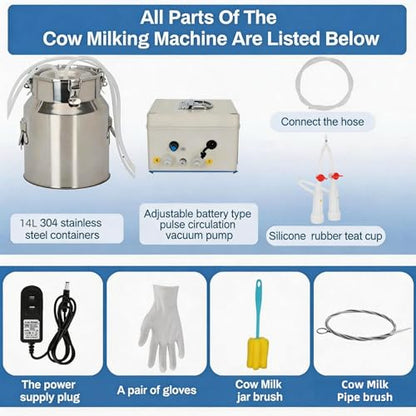 14L Goat Milking Machine, Rechargeable Battery Adjustable Pulse Vacuum Electric Goat Milking Machine,Portable Milking Machine,Individual Pulsation Adjustment, Udder Protection - size: 14L Goat