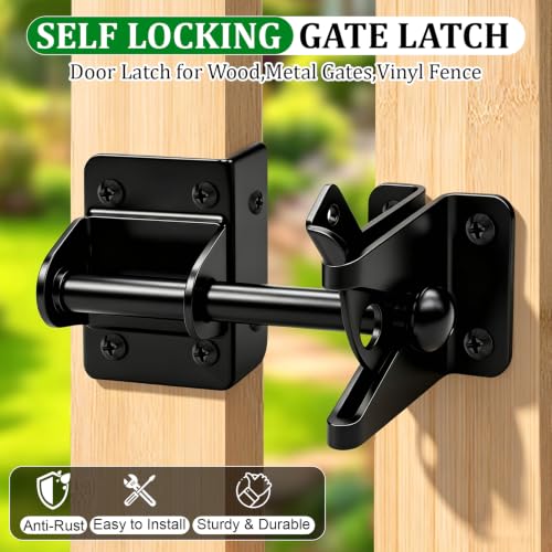 Self Locking Gate Latch for Wooden Fence,Door Latch for Wood Gate,Black,1 Pack