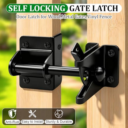 Self Locking Gate Latch for Wooden Fence,Door Latch for Wood Gate,Black,1 Pack