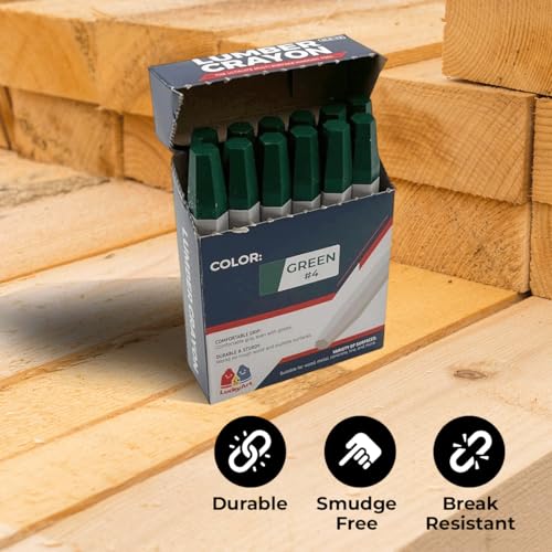Lumber Crayons – Green, Pack of 12 | Hexagonal Construction Marking Crayons for Wood, Concrete, Asphalt, Metal | Durable, Smudge-Free, Break-Resistant - color: Green