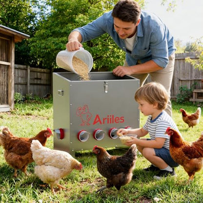 100lb Automatic Chicken Feeder with 6 No-Waste Ports, Metal Poultry Feeder with Elevated Stand & Weatherproof Lid, Large Feed Dispenser for Chickens, Ducks & Backyard Poultry - size: 100 LB