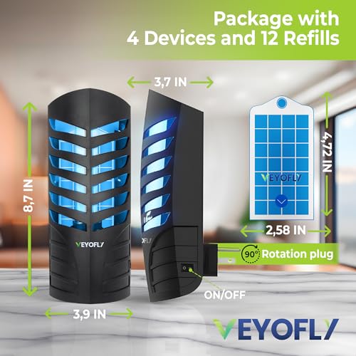 VEYOFLY Fruit Fly Traps for Indoors (4 Device + 12 Refills), Gnat Trap Indoor Plug in, Bug Traps, Flying Insect Trap, Gnat Traps for House Indoor, Fly Trap Indoor for Home Bug Light, Gnats Catcher | UV light attracts insects to glue cards, silent 24/7, pl
