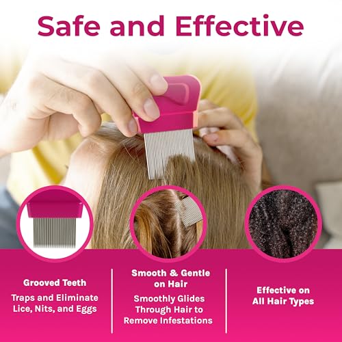 Lice Essentials Stainless Steel Lice & Nit Comb with 5X Magnifier | Grooved teeth for effective nit removal. Includes magnifying glass. 1 pack.