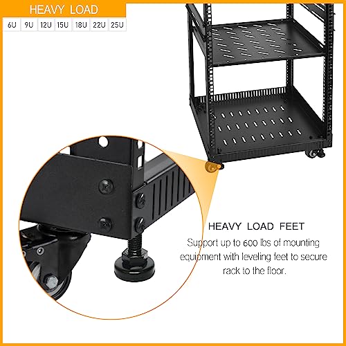 RIVECO 22U Network Rack with Reinforced Top & Bottom Vented Plates - 4 Rolling Wheels Floor Standing for 19" Equipment & Stereo Gear - Including 2PCS Shelves & Rail Mount PDU - size: 22U