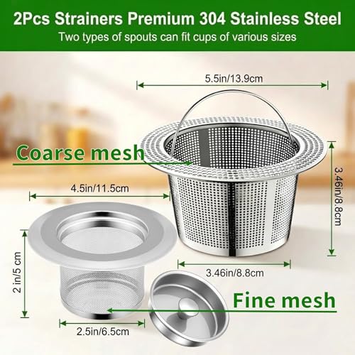 2Pack 304 Stainless Steel Juice Strainer for Nama J2, Hands-Free Pulp Strainer for Juicing, Reusable Fine Mesh Sieve Cap for Cups, Large 5.5in & Small 4.5in for Kitchen, Tea, Soy Milk