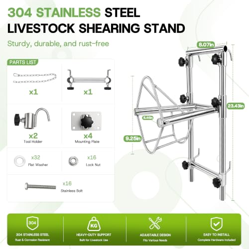 Goat Sheep Stand for Shearing & Milking with Bottom Hook & Dual Mounting 304 Stainless Steel Goat Stand – Adjustable Height for Farm, Ranch & Veterinary Use