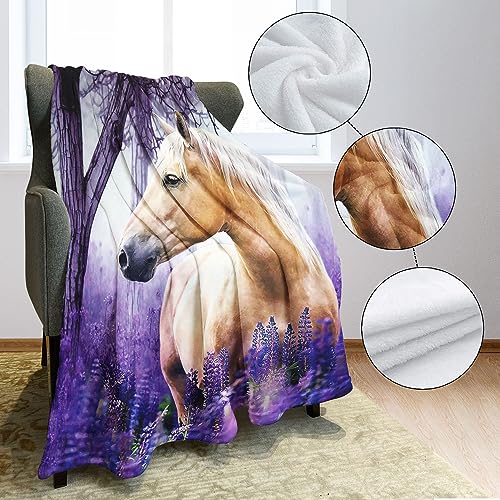 HommomH 50"x60" Palomino Horse Blanket with Purple Lavender, Super Soft Fleece Throw Blankets for Girls Women - size: 50" x 60"