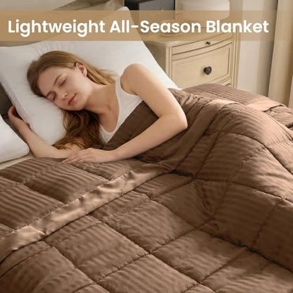 downluxe Queen Size Blanket with Satin Trim, Lightweight Down Alternative Blankets Queen Size for All Season, Machine Washable (Brown, 90x90 Inch) - color: Brown, size: Queen