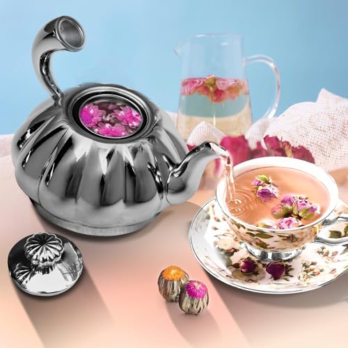 Stainless Steel Teapot with Removable Infuser - 12OZ Stovetop Safe Tea Maker Water Kettles for Loose Leaf, Small Pumpkin Tea Kettle for Coffee Tea Milk, Thickened Mirror Polished Ornaments