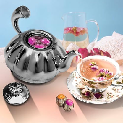 Stainless Steel Teapot with Removable Infuser - 12OZ Stovetop Safe Tea Maker Water Kettles for Loose Leaf, Small Pumpkin Tea Kettle for Coffee Tea Milk, Thickened Mirror Polished Ornaments