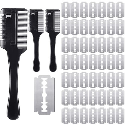 3 Pcs Pet Grooming Razor Comb with 50 Replacement Blades - Double Sided Hair Trimmer, Cutter and Scissors Tool for Dogs and Cats(Black) - color: Black