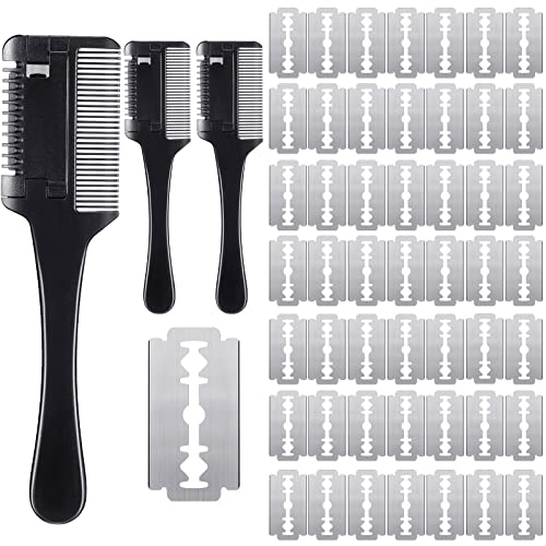 3 Pcs Pet Grooming Razor Comb with 50 Replacement Blades - Double Sided Hair Trimmer, Cutter and Scissors Tool for Dogs and Cats(Black) - color: Black