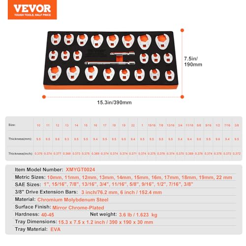 VEVOR Crowfoot Wrench Set, 3/8" Drive 24-Piece Crows Foot Wrench Set with 2 Extension Bars and EVA Tool Organizer, SAE 3/8"-1" and Metric 10-22 mm, CRMO Steel and Mirror Chrome Finish - size: 3/8" 24 PCS