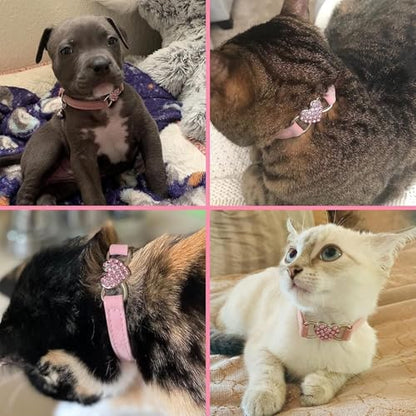 BINGPET Diamond Cat Collar,Adjustable Soft Velvet Leather Safe Kitten Collar with Shiny Rhinestones and Bells,Girl Boy Bling Cat Collars with Safety Elastic for Small Medium Cats Pack of 2（Pink） - color: Pink(Heart & Rhinestones), size: Neck Girth 8"-10"