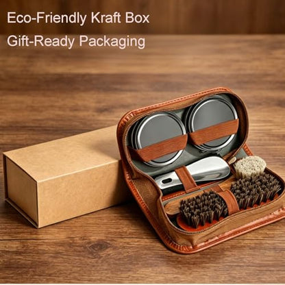 shoe care kit horsehair brush,long-handled round brush,white & black polish,polishing cloth,shoe horn,storage box. - color: White+black