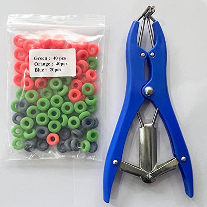 Goat Banding Tools Livestock Bander and Bands Kit with 1pc Expander Plier, 100pcs Rings (Blue Orange and Green)