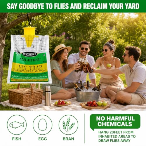 Fly Traps Outdoor Hanging, Natural Pre-Baited Bug Catcher Bags, Non-Toxic Flying Insect Killer for Outside Home, Patio, Trash Can, Horse Stables, Farm, Pastures, Backyard & Camping,4 Pack