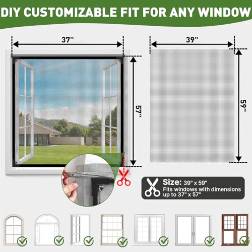 HOFUDON Window Screen Adjustable Magnetic Window Screen Replacement Max 39” x 59”, DIY Fiberglass Mesh Window Screens for House Windows Black Frame Grey Mesh - color: Black Frame Gray Mesh, size: 39" x 59"