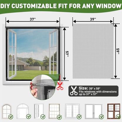 HOFUDON Window Screen Adjustable Magnetic Window Screen Replacement Max 39” x 59”, DIY Fiberglass Mesh Window Screens for House Windows Black Frame Grey Mesh - color: Black Frame Gray Mesh, size: 39" x 59"