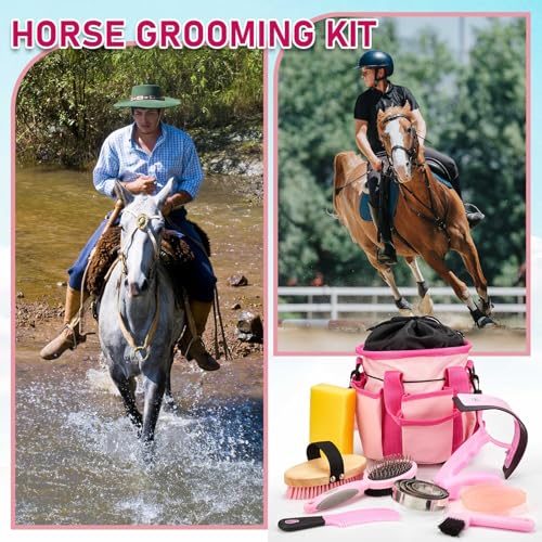 Cunhill 9 Pcs Horse Grooming Kit Tack Room Supplies, Classic, Pink - color: Pink, style: Classic