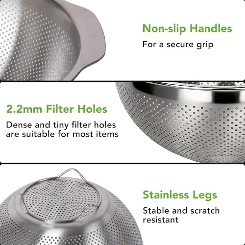304 Stainless Steel Colander and Strainer, 5QT Large Capacity and 6QT Mixing Bowl, Micropore for Washing Rice, Fruit, and Cooked Pasta, Perfect Draining for Grain and Bean - size: 5QT+6QT