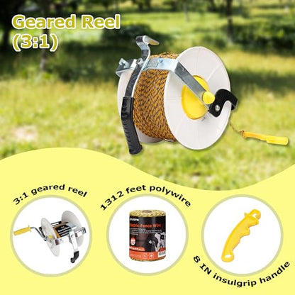 3:1 Geared Reel Prewound Polywire, Electric Fence Wire Reel with Reel Guide - size: 1640 feet x 1 standard reel x 1 Handle