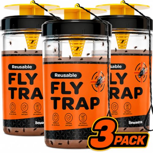 Fly Traps Outdoor [Set of 3] with Dissolvable Non-Toxic Bait - Reusable Hanging Bug Catcher Killer for All Flies for Outside Bug Control Patios, Barns, Ranches Etc. Hanging Fly Traps with Tie Included - style: 3 Traps