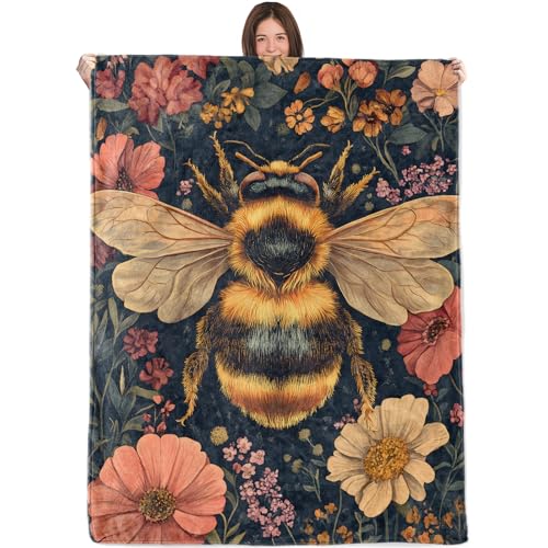 Vintage Bee Blanket,60x80in,Cozy Flannel Throw with Detailed Bumblebee Wildflower on Dark Design,Soft Lightweight Gifts Blankets for Women,Sofa Bed Travel Beekeepers Farmhouse Decor - color: Bee, size: 80"x60"
