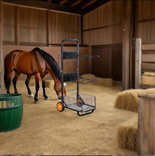 Rolling Horse Saddle Rack Cart Foldable Saddle Pad Rack Stand 3 Tier Heavy Duty with Removable Saddle Stands & Storage Basket, Horse Tack Organizer for Stable Storage, Moving, Transport Supplies