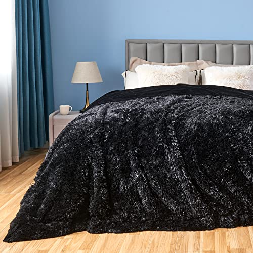 GONAAP Fuzzy Faux Fur Queen Blanket for Couch, Black, 90"x90" - color: Black, size: Queen(90"x90")
