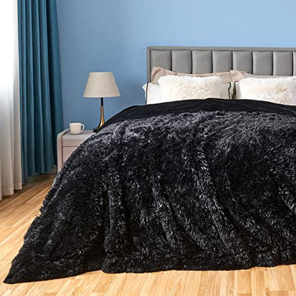 GONAAP Fuzzy Faux Fur Queen Blanket for Couch, Black, 90"x90" - color: Black, size: Queen(90"x90")