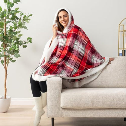 PAVILIA Hooded Blanket Poncho Fleece Wearable Shawl Wrap Throw Tartan Plaid | Fleece Shawl Wrap with Hood, Adult Wearable Blanket, Cozy Warm Poncho Cape Throw with Pockets, Gift for Elderly Mom - color: Tartan Plaid