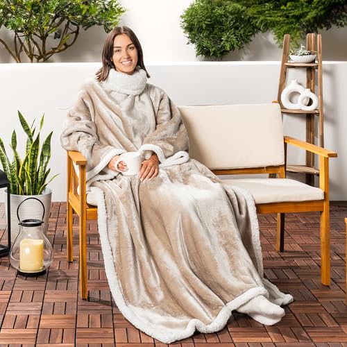 PAVILIA Sherpa Wearable Blanket with Sleeves and Pocket, Plush Thick Cozy Body Blanket Wrap for Adult Women Men, Christmas Gift for Wife Mom, Taupe Tan - color: Taupe