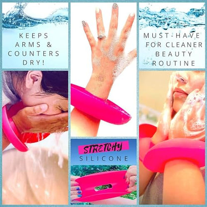 BaR-K Patented Drip Catcher Cuffs - Stops Soap & Water from Running Down Arms While Washing Face, Stay Dry and Clean - Face Wash Wristbands for Spa, Pink Set of 2 - color: Pink